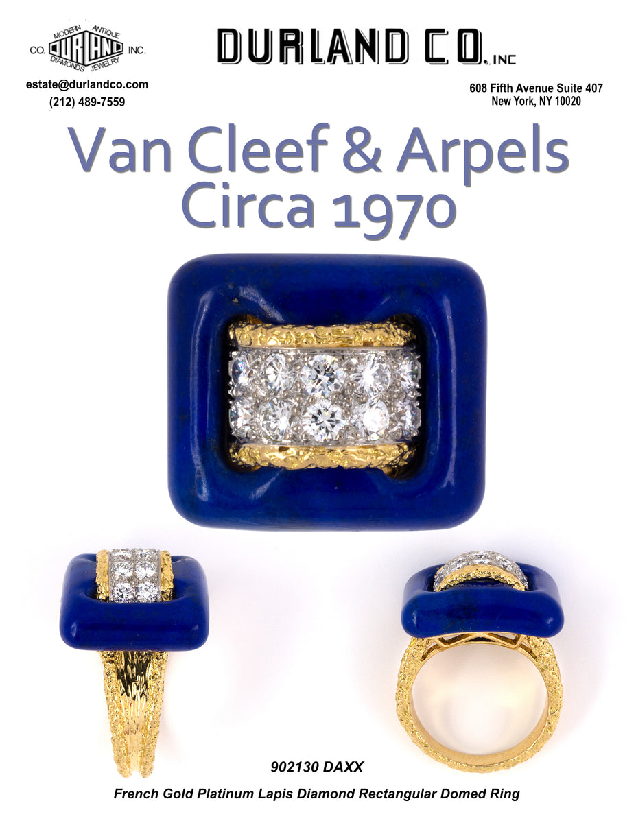 French Gold Platinum Lapis Diamond Rectangular Domed Ring Durland Co