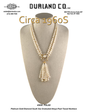 Platinum Gold Diamond South Sea Graduated Akoya Pearl Tassel Necklace