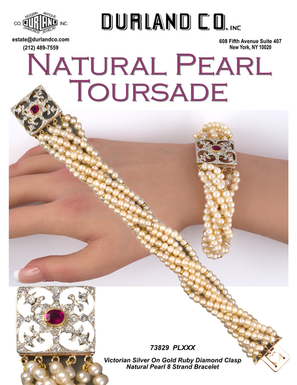 Victorian Silver On Gold Ruby Diamond Clasp 8 Strand Pearl Torsade Bracelet