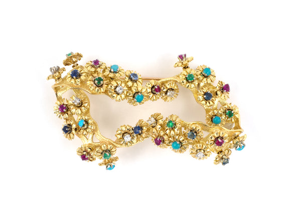 21156 - Circa: 1965 Rossi Gold Diamond Turquoise Emerald Sapphire Ruby Flower Pin