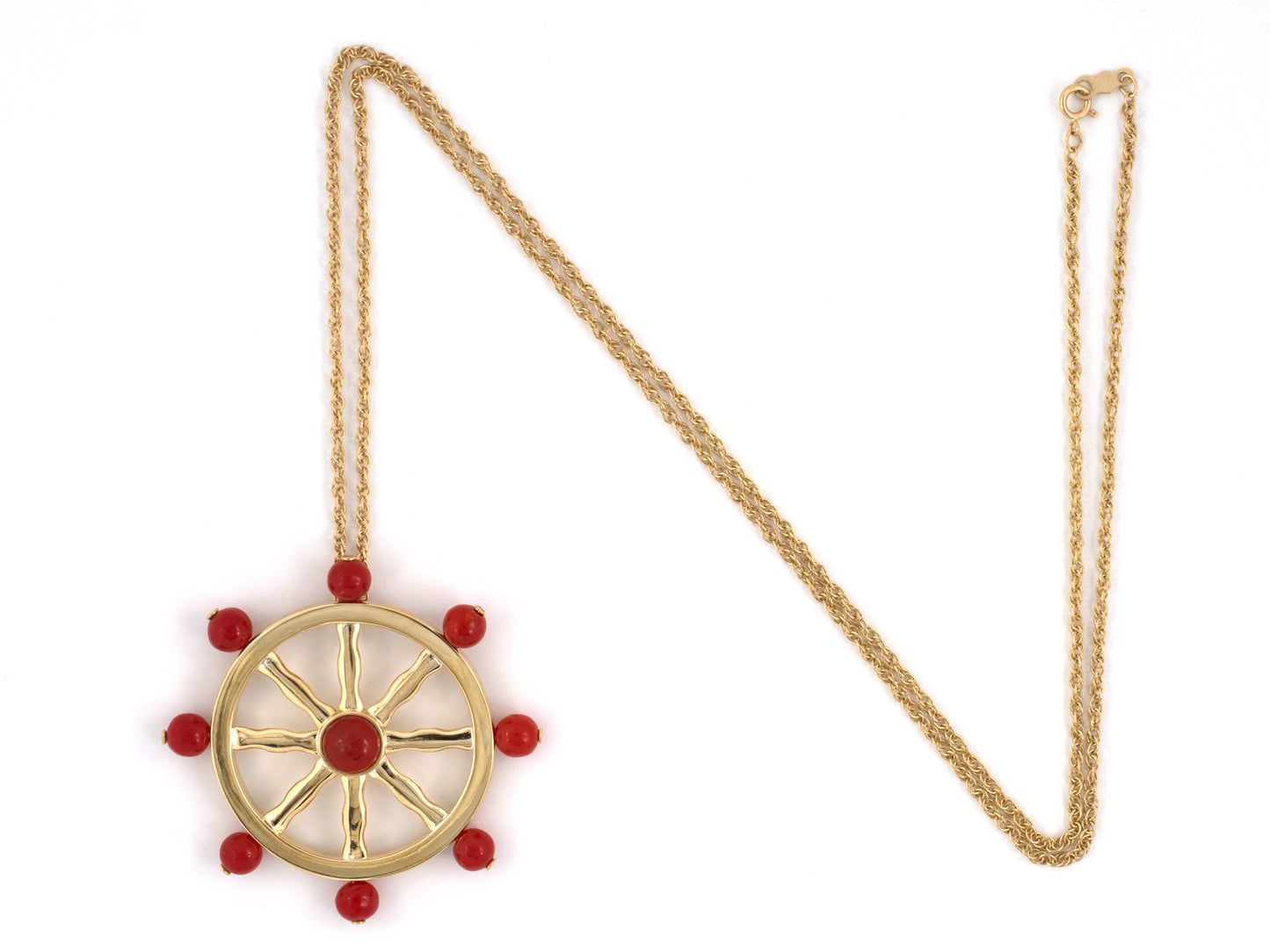 21823 - Circa 1960s Gold Coral Boat Ships Wheel Pendant