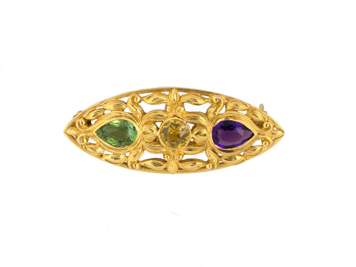 22265 - Art Nouveau Gold Zircon Amethyst Tourmaline Navette Shaped Pin