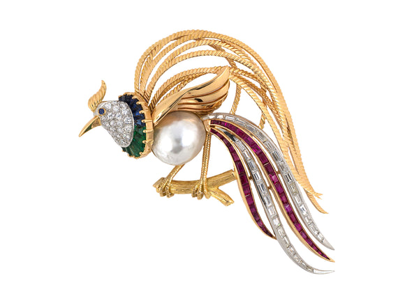 23020 - Circa 1950 Gold Platinum Natural Pearl Diamond Ruby Sapphire Emerald French Peacock Pin