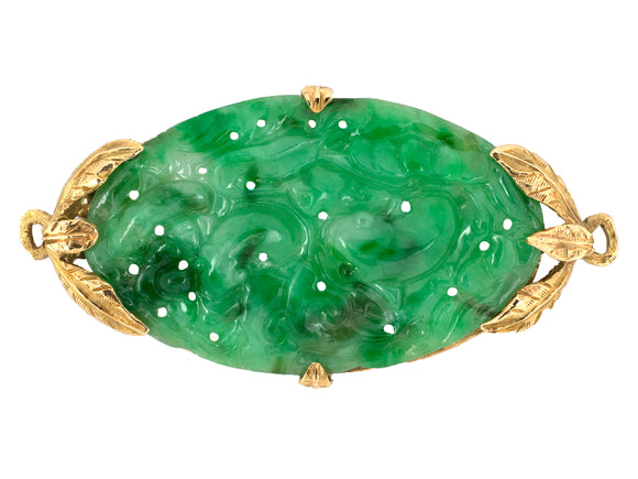 23822 - Art Nouveau Tiffany Gold GIA Jadeite Leaf Motif Pin