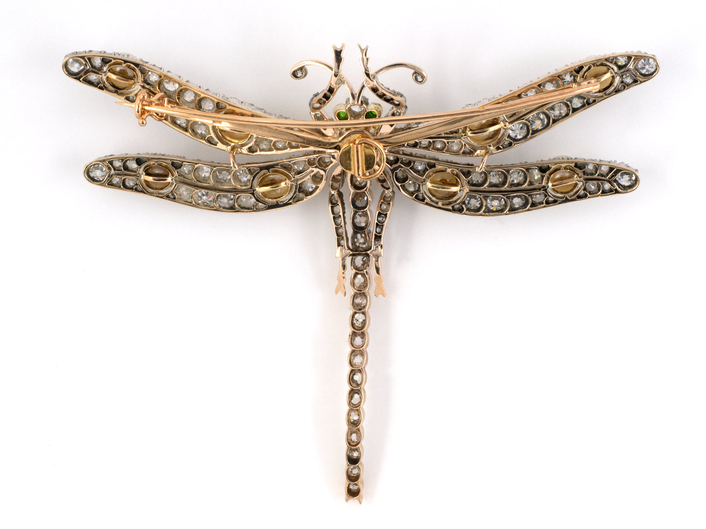 23945 - SOLD - Victorian Gold Silver Dia Diamond GIA Natural Pearl Demantoid French Dragonfly Pin