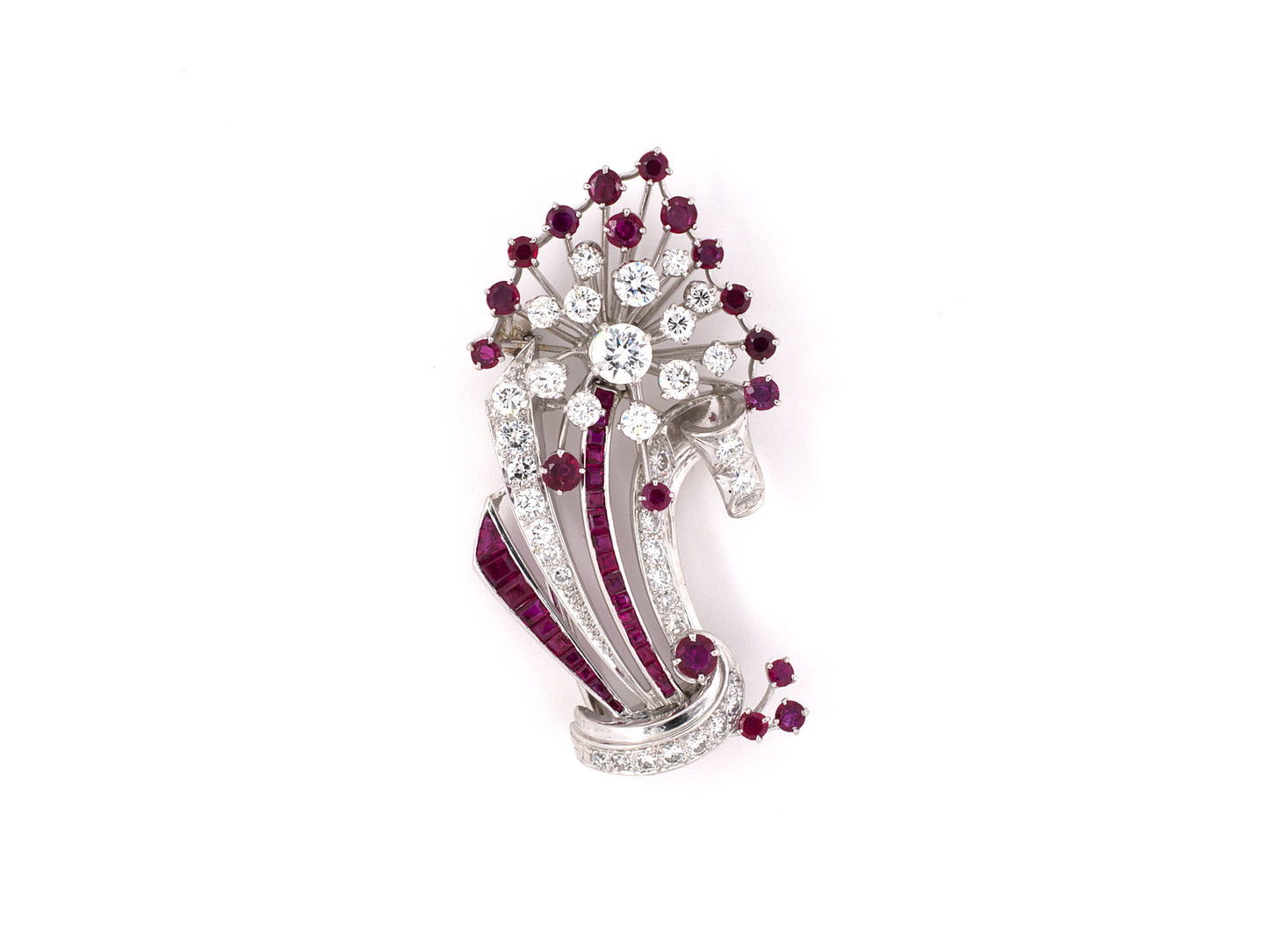 24193 - Circa 1946 Oscar Heyman Platinum Diamond Ruby Spray Clip Pin
