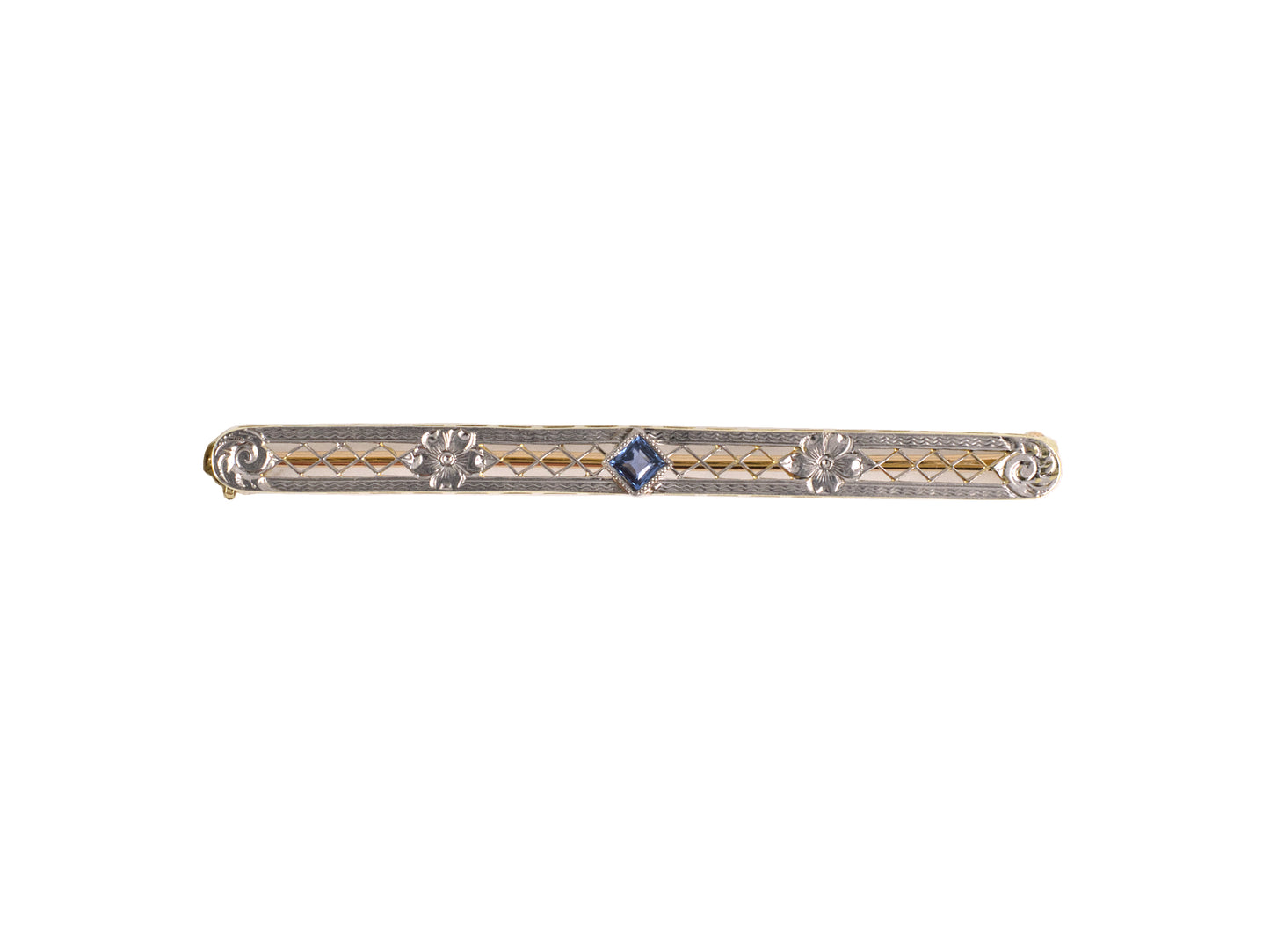 24216 - SOLD - Edwardian Krementz Platinum Gold Sapphire Floral Bar Pin