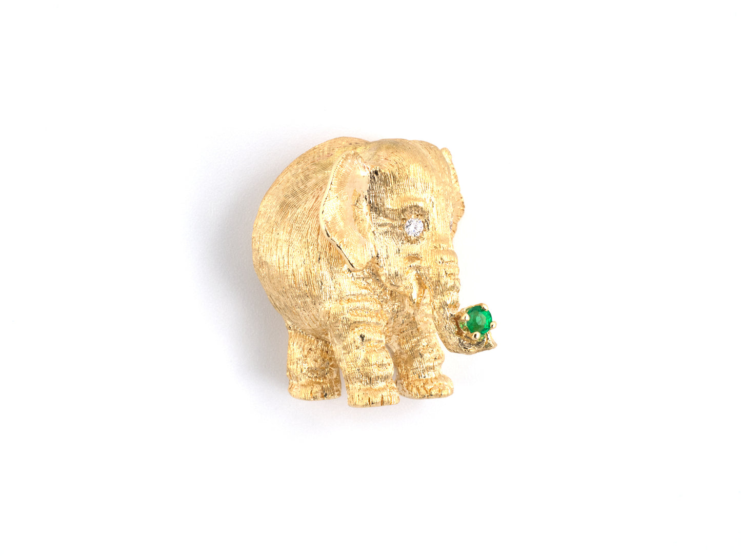 24220 - SOLD - Gold Diamond Emerald Florentine Pom Elephant Pin