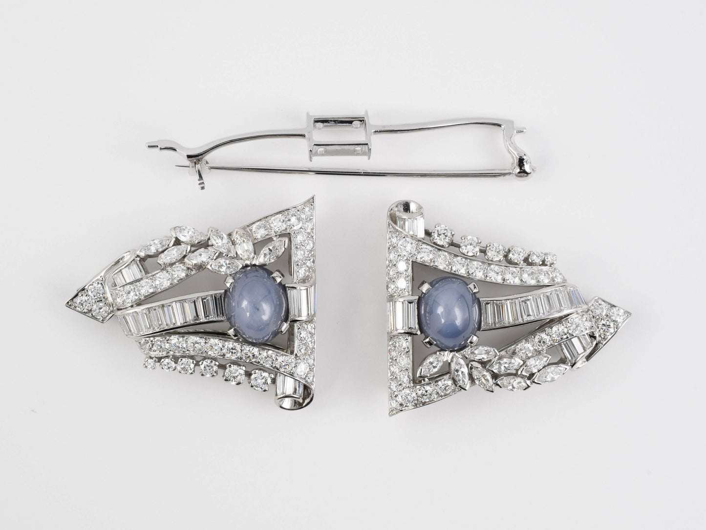 24241 - Art Deco Platinum Star Sapphire Diamond Pin Clips