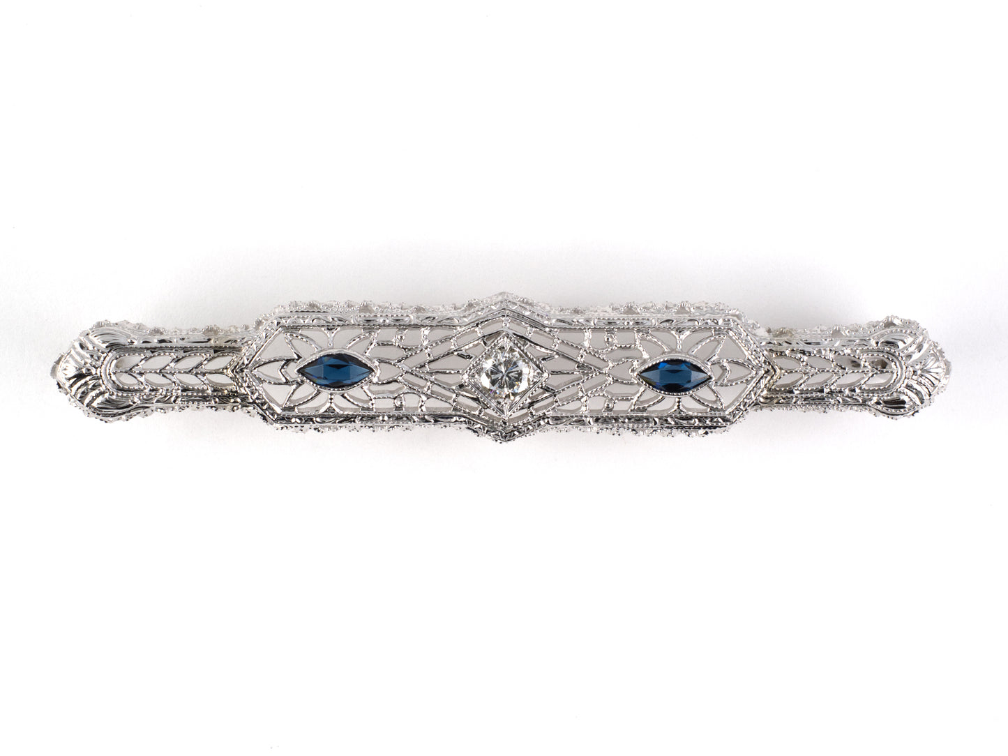 24246 - SOLD - Art Deco Gold Diamond Synthetic Sapphire Bar Pin