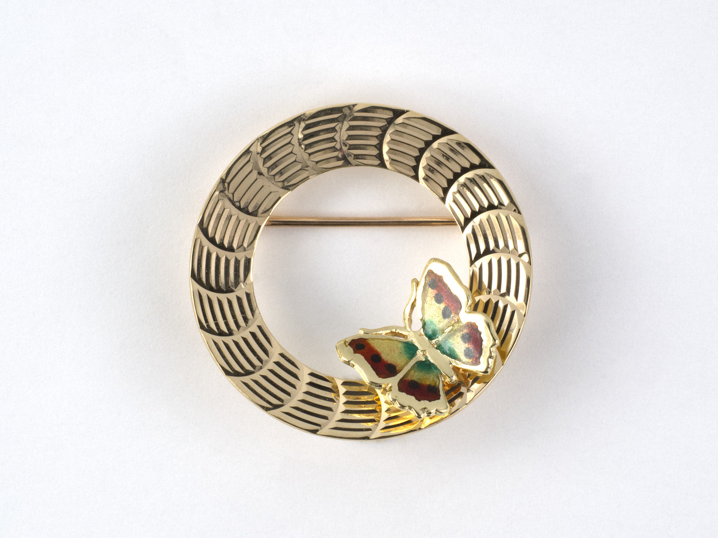 24250 - SOLD - Circa 1960s Gold Enamel Carved Butterfly Circle Pin