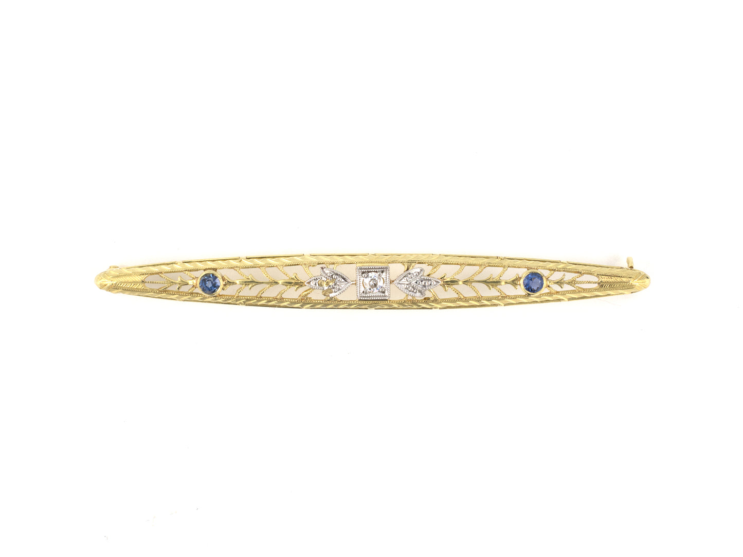 24260 - Art Deco Gold Diamond Sapphire Filigree Bar Pin