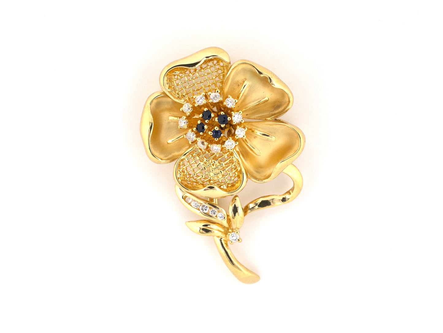 24291 - Gold Diamond Sapphire Flower Pin
