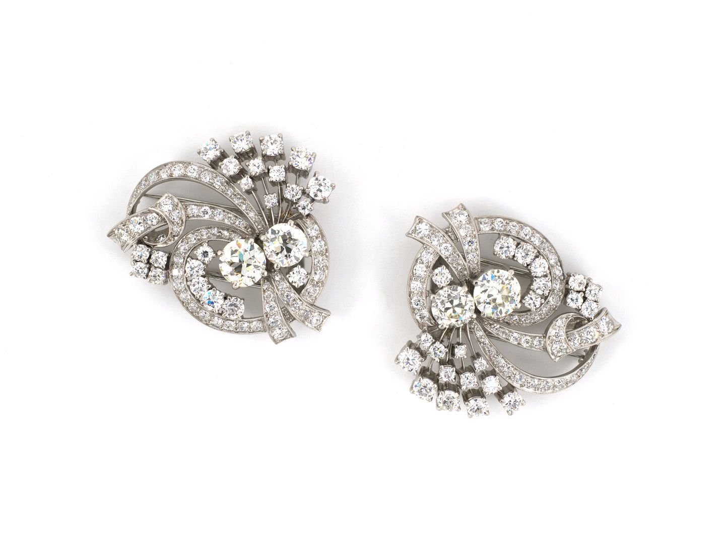 24293 - Art Deco Yard Platinum Diamond Swirl Spray Ribbon Bow Pin Clips