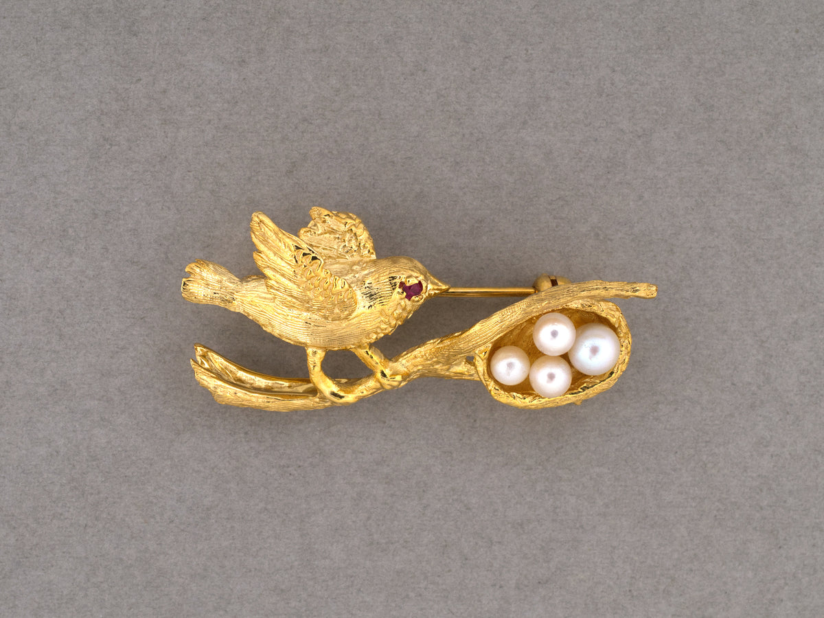 24307 - Circa 1970s Gold Ruby Akoya Pearl Carved Florentine Bird on Branch Pin