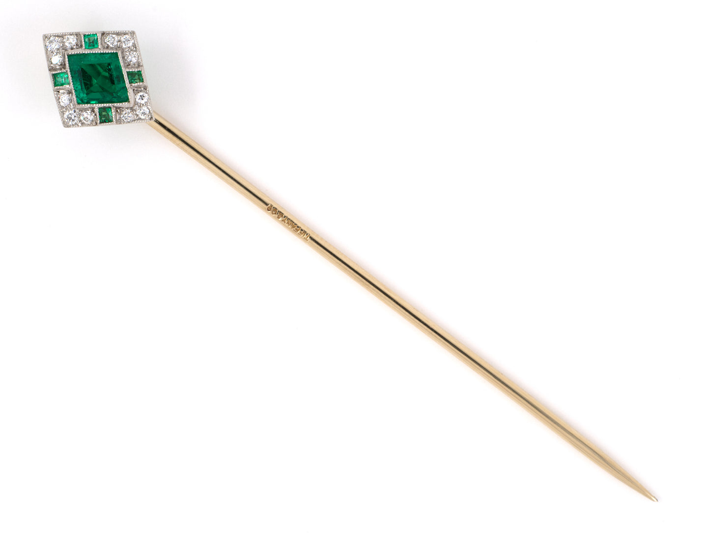 31336 - Art Deco Tiffany Platinum Gold Emerald Diamond Lozenge Shaped Stick Pin