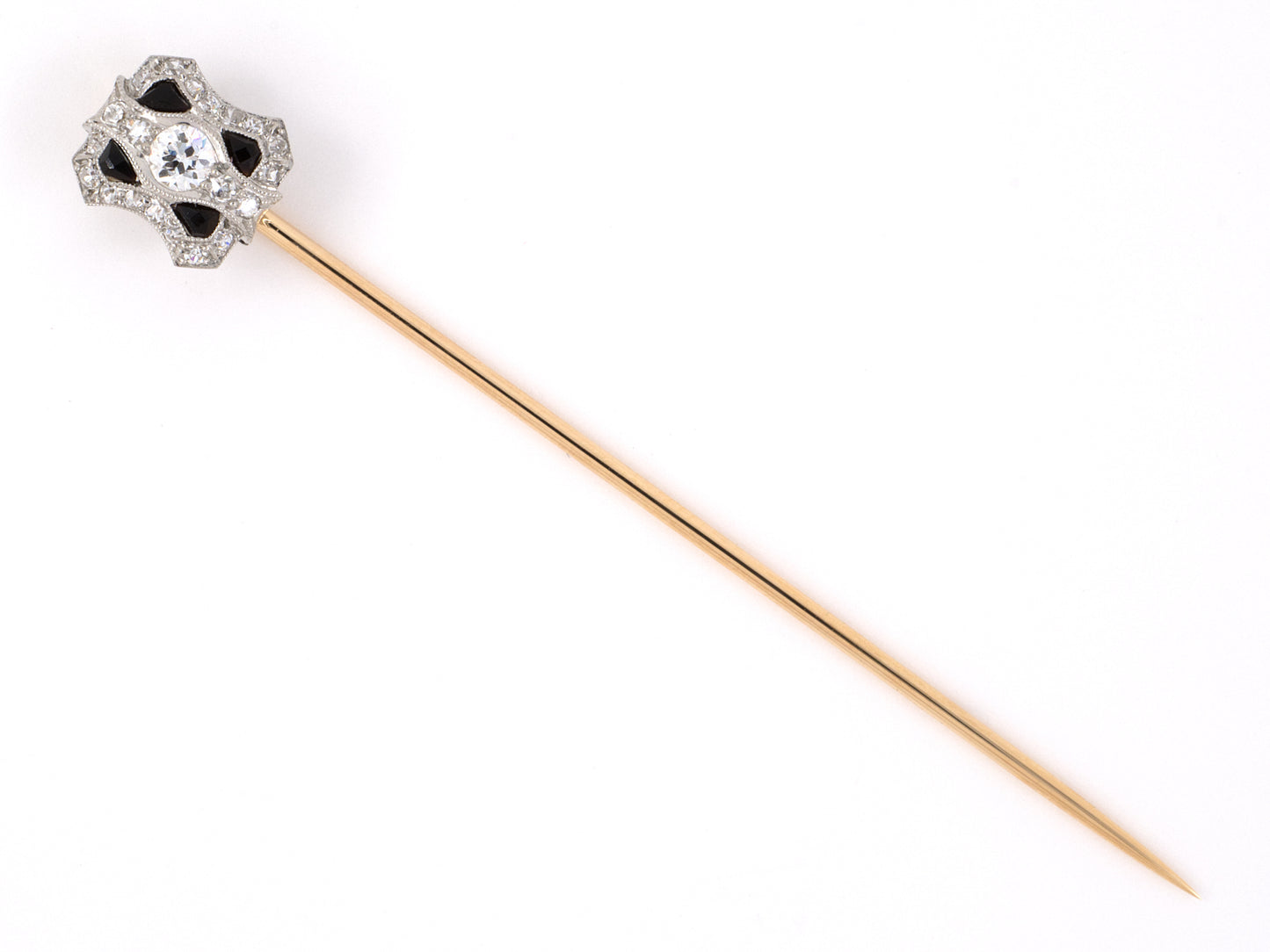 31337 - Art Deco Tiffany Platinum Gold Diamond Black Onyx Stick Pin
