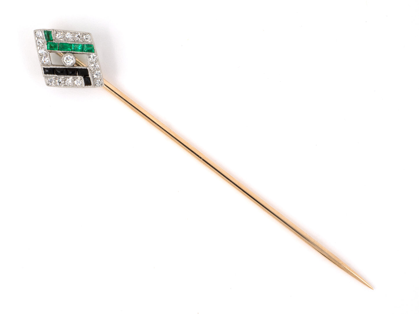 31339 - Art Deco Platinum Gold Diamond Emerald Onyx Lozenge Shape Stick Pin