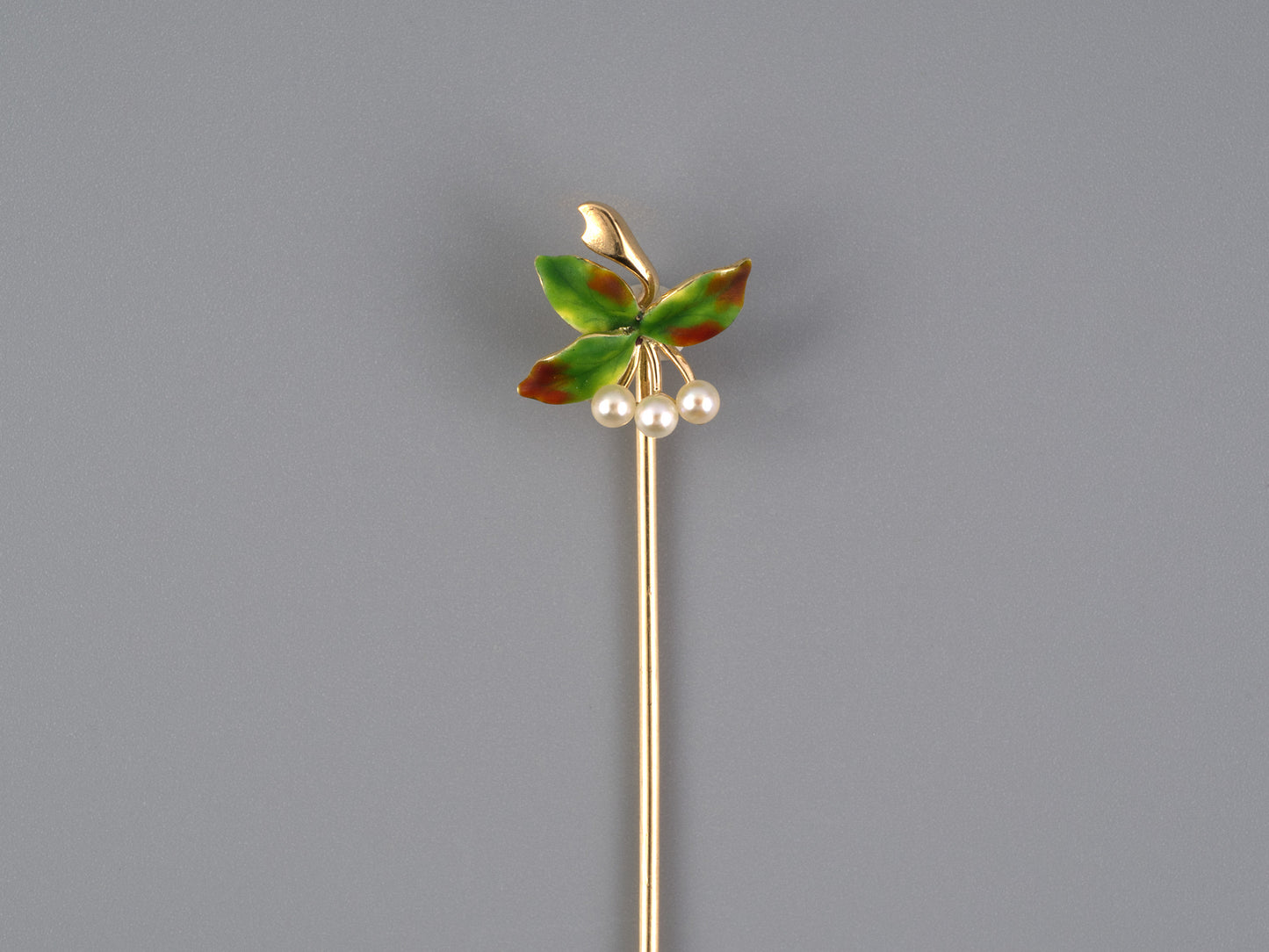 31365 - SOLD - Victorian Gold Pearl Red Green Enamel Leaf Floral Stick Pin