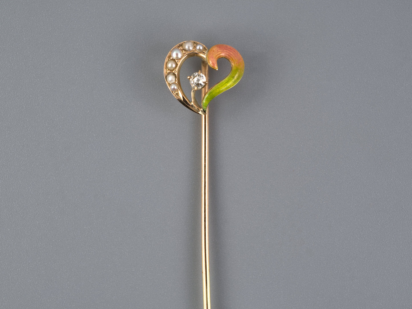 31366 - SOLD - Victorian Gold Diamond Enamel Half Pearl Bleeding Heart Stick Pin