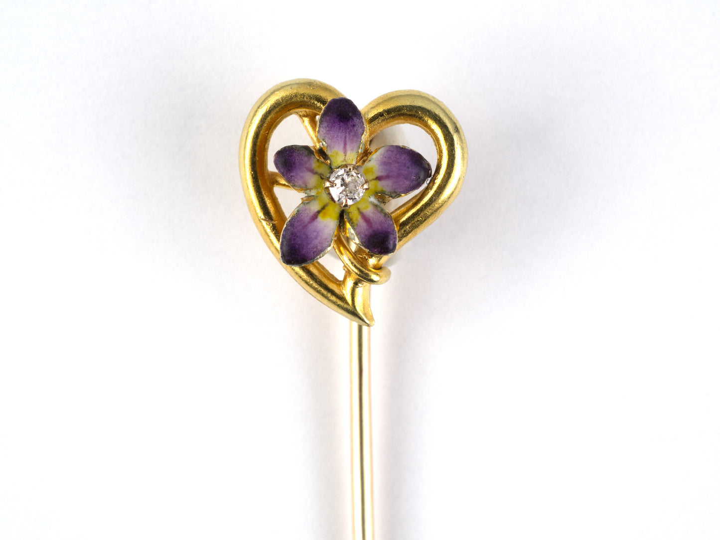 31367 - SOLD - Art Nouveau Gold Diamond Purple White Green Enamel Heart Orchid Stick Pin