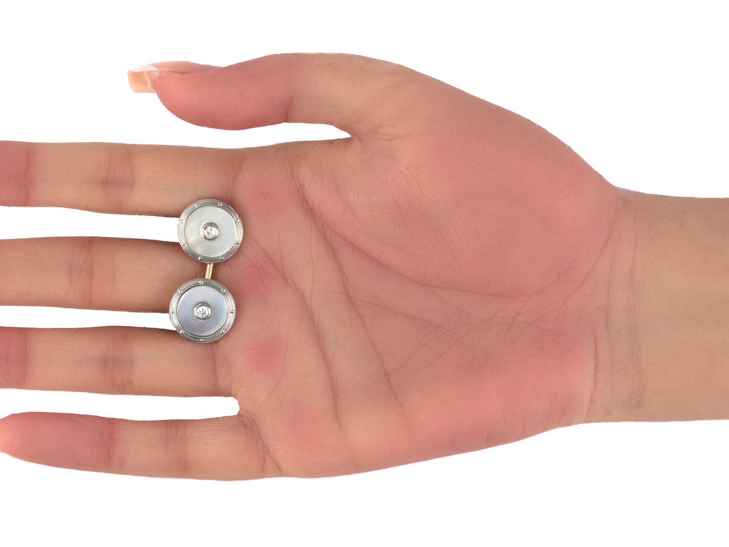 31382 - Art Deco Platinum Gold Diamond Mother Of Pearl Machine Turned Cuff Links