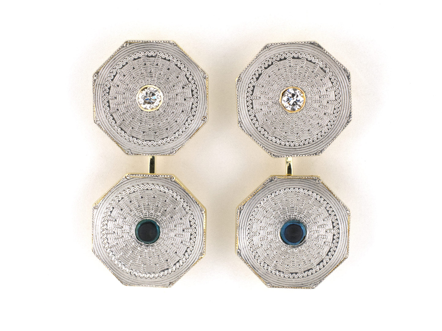 31385 - Art Deco Platinum Gold Cabochon Sapphire Diamond Octagonal Cuff Links
