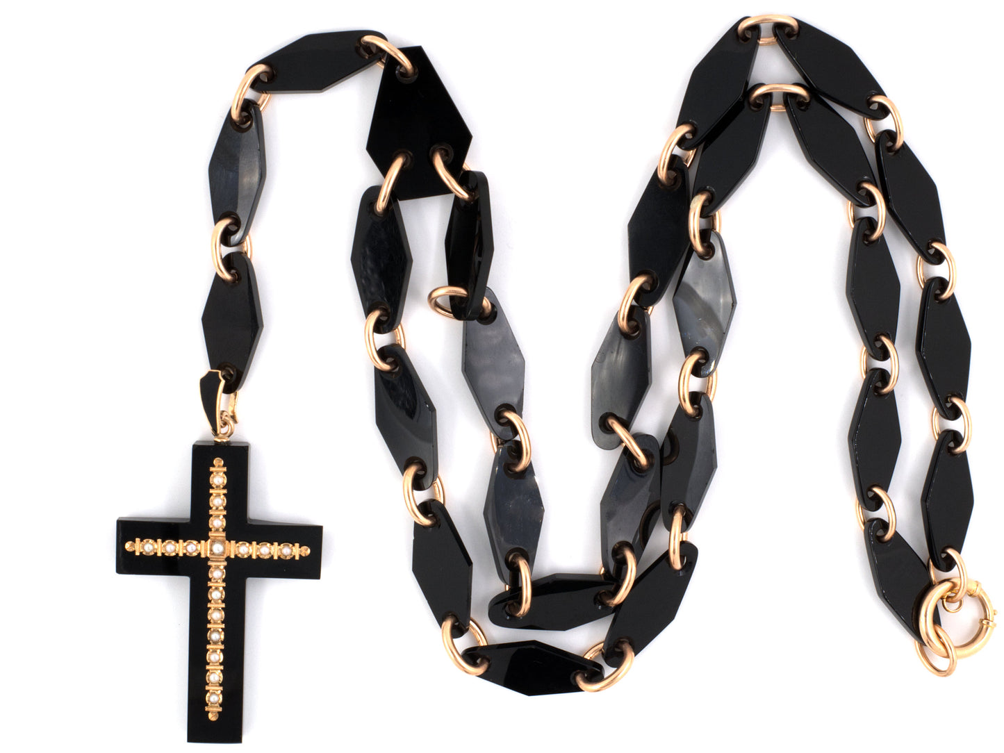 43084 - Victorian Gold Pearl Onyx Cross Pendant Necklace