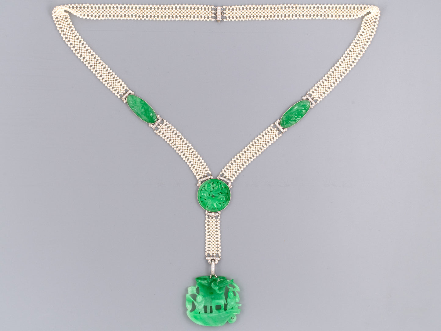 43168 - SOLD - Crica 1915 Edwardian Platinum Pearl GIA Jadeite Sautoir Necklace