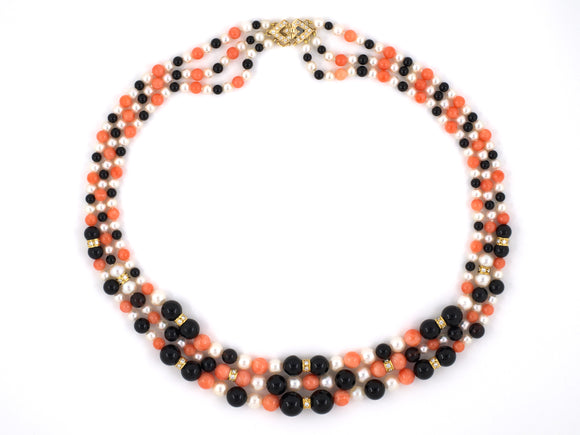 43372 - Gold Diamond Coral Pearl Onyx Necklace