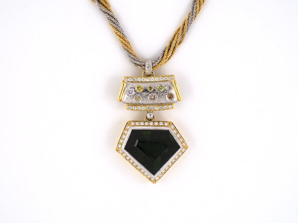 43474 - Gold Tourmaline GIA Diamond Drop Dangle Pendant Necklace