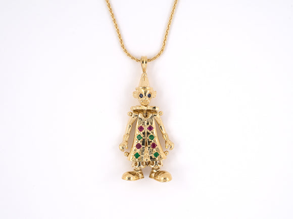 43652 - Gold Sapphire Emerald Ruby Articulated Clown Pendant Necklace