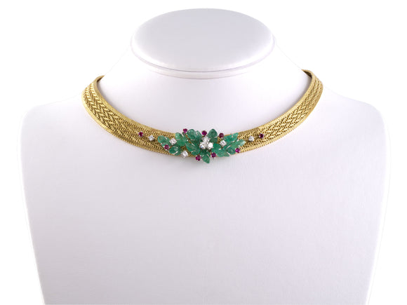 45182 - Circa 1970 Gold Platinum Diamond Emerald Ruby Floral Ornament Woven Necklace