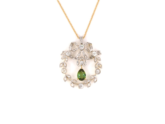 45205 - Edwardian Platinum Gold Tourmaline Diamond Leaf And Bow Wreath Pendant With Cable Chain
