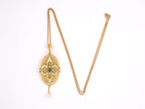 45246 - Art Nouveau Gold Sapphire Pearl Opalescent Enamel Drop Pendant Necklace