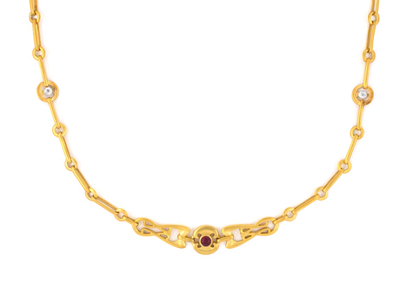 45276 - SOLD - Art Nouveau Gold Platinum Diamond Ruby 4 Section Necklace