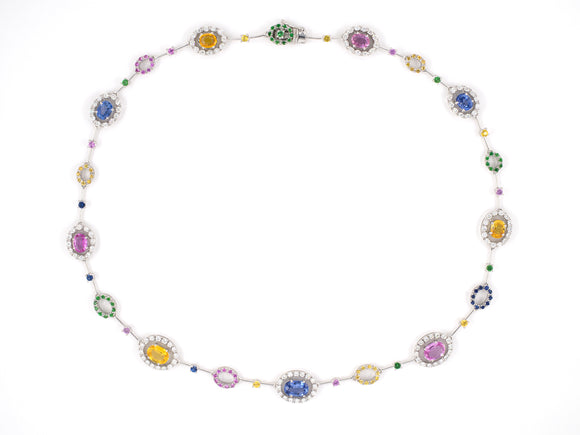 45338 - Italy Gold Diamond Blue Yellow Pink Sapphire Tsavorite Alternating Cluster Link Necklace