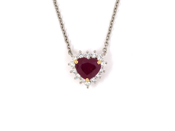 45399 - Platinum Gold Heart Shape AGL Burma Ruby Diamond Cluster Pendant Necklace