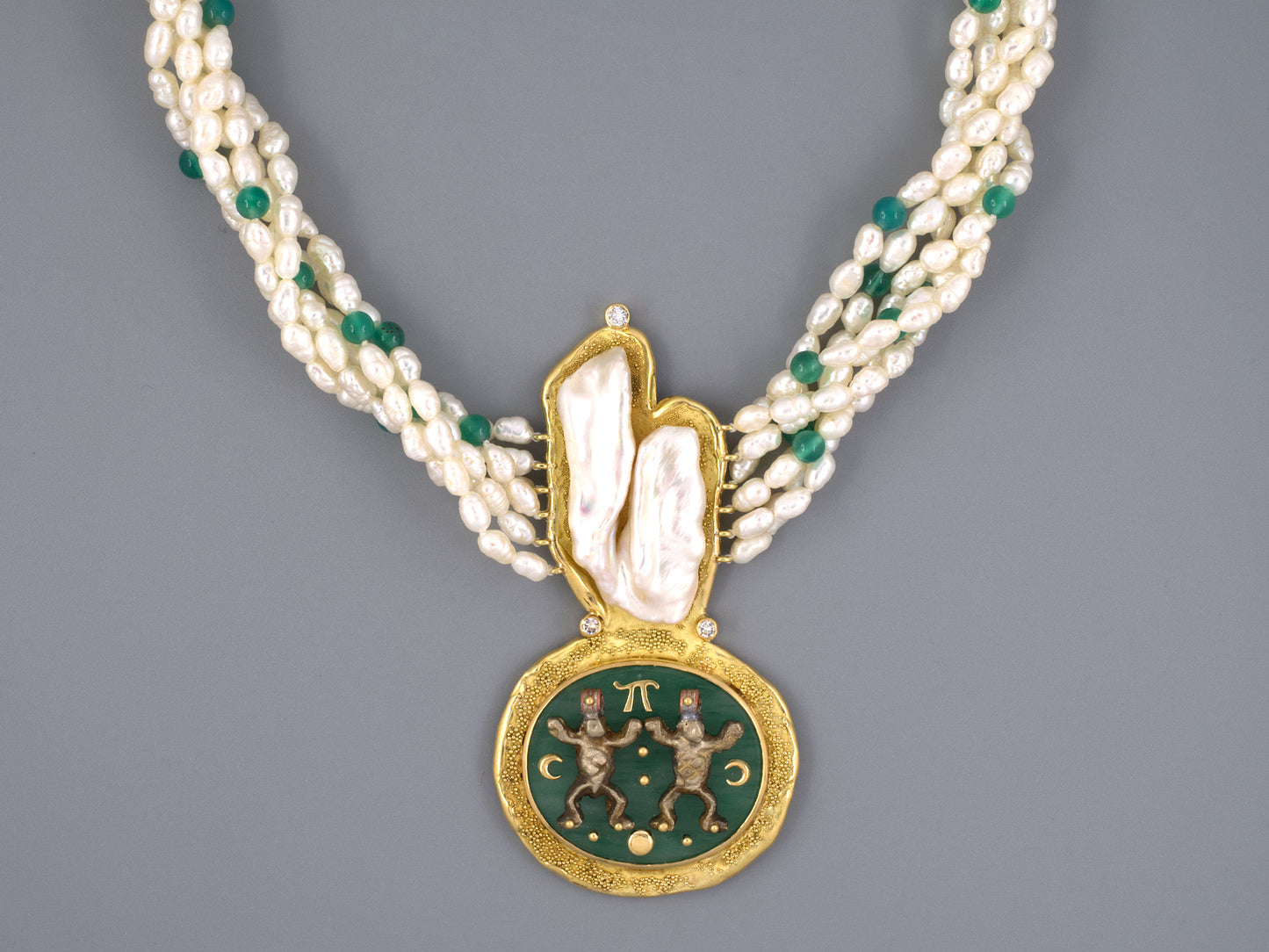 45460 - Patricia Fruttauro Gold Silver Diamond Pearl Green Onyx Necklace