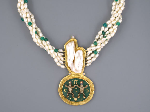 45460 - Patricia Fruttauro Gold Silver Diamond Pearl Green Onyx  Necklace
