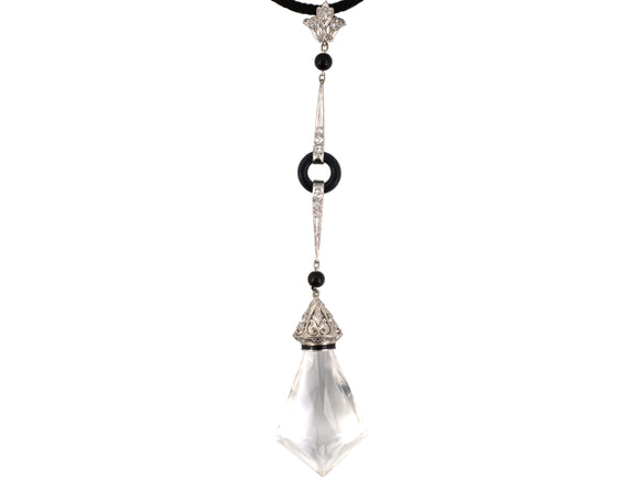 45468 - Art Deco Platinum Diamond Crystal Black Onyx Pendant Necklace