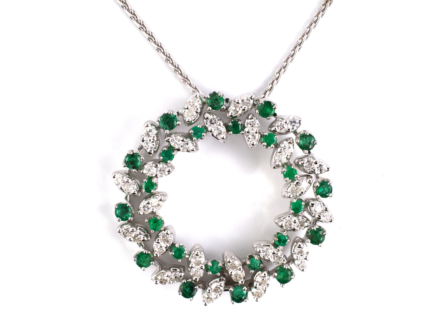 45507 - SOLD - Gold Diamond Emerald Floral Wreath Circle Pendant Necklace