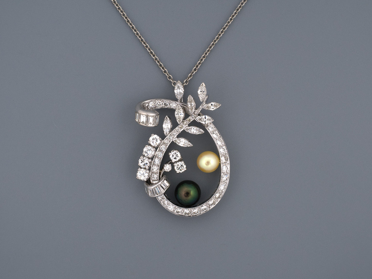 45531 - Circa 1950s Platinum Diamond Pearl Floral Leaf Wreath Bow Pendant Necklace
