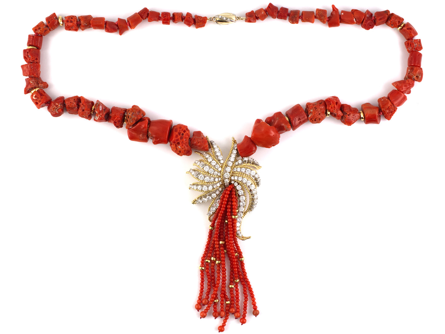 45532 - Gold Platinum Diamond Coral Ribbon Center Ornament Tassel Necklace