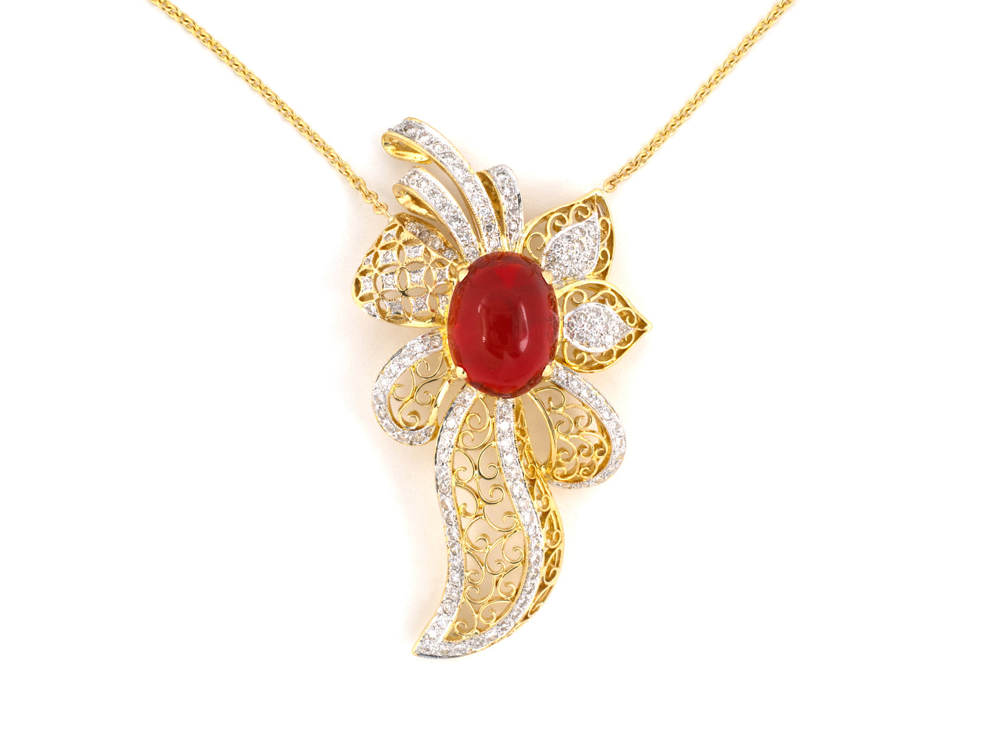 45537 - SOLD - Gold Fire Opal Diamond Filigree Bow Pendant Necklace