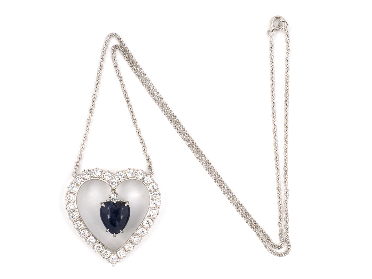 45539 - SOLD - Circa 1950s Platinum Diamond Sapphire Heart Pendant Necklace
