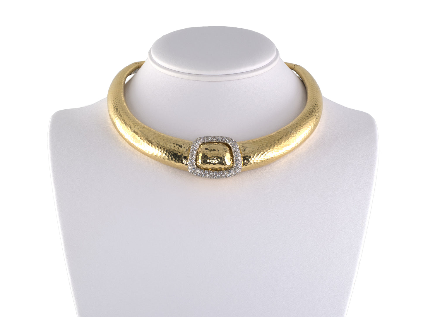 45574 - SOLD - A. Clunn Circa 1980s Gold Platinum Diamond Buckle Ornament Collar Necklace