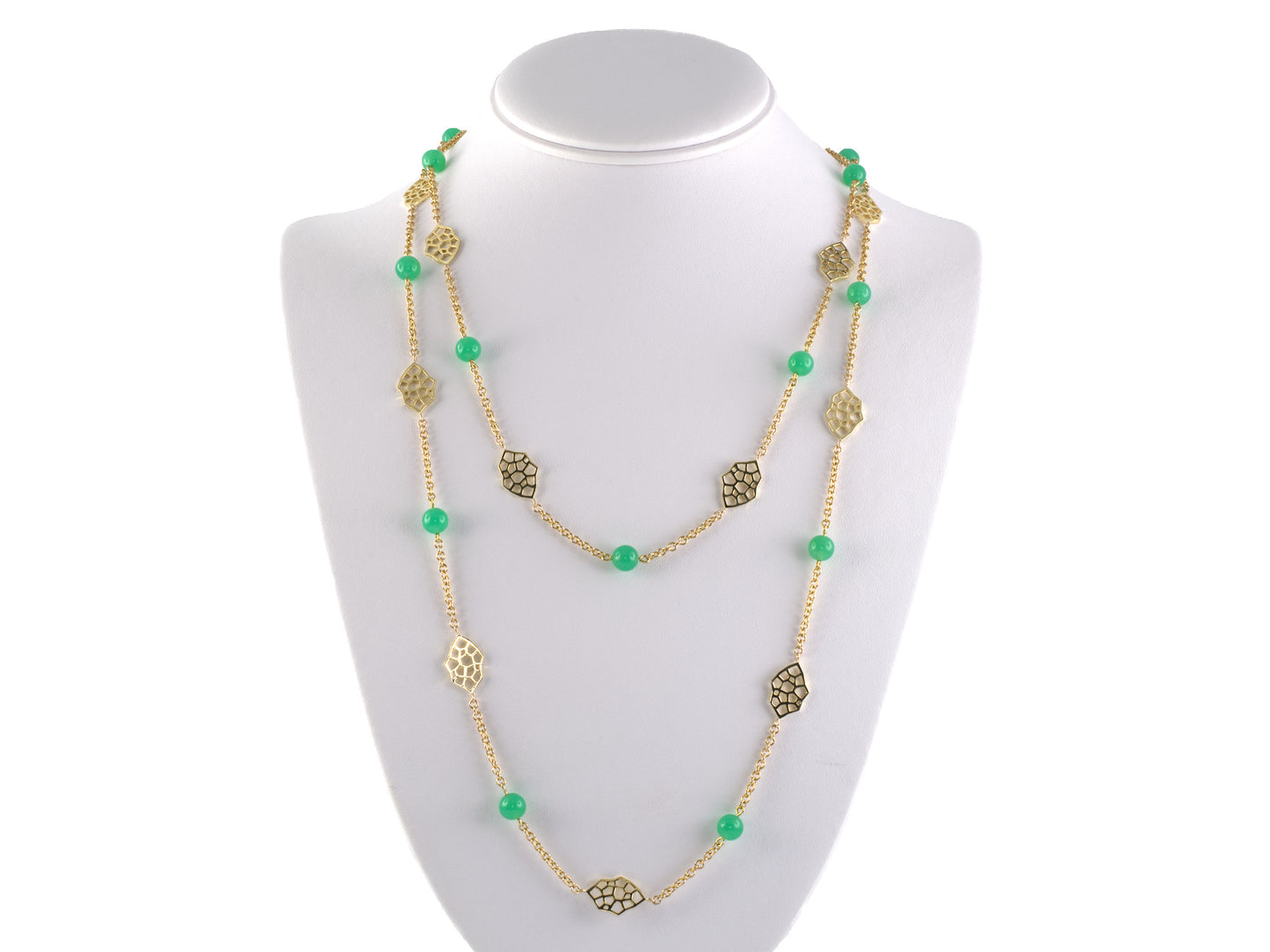 45613 - Gold Diamond Chrysoprase Bead Alternating Open Link Cable Chain Necklace