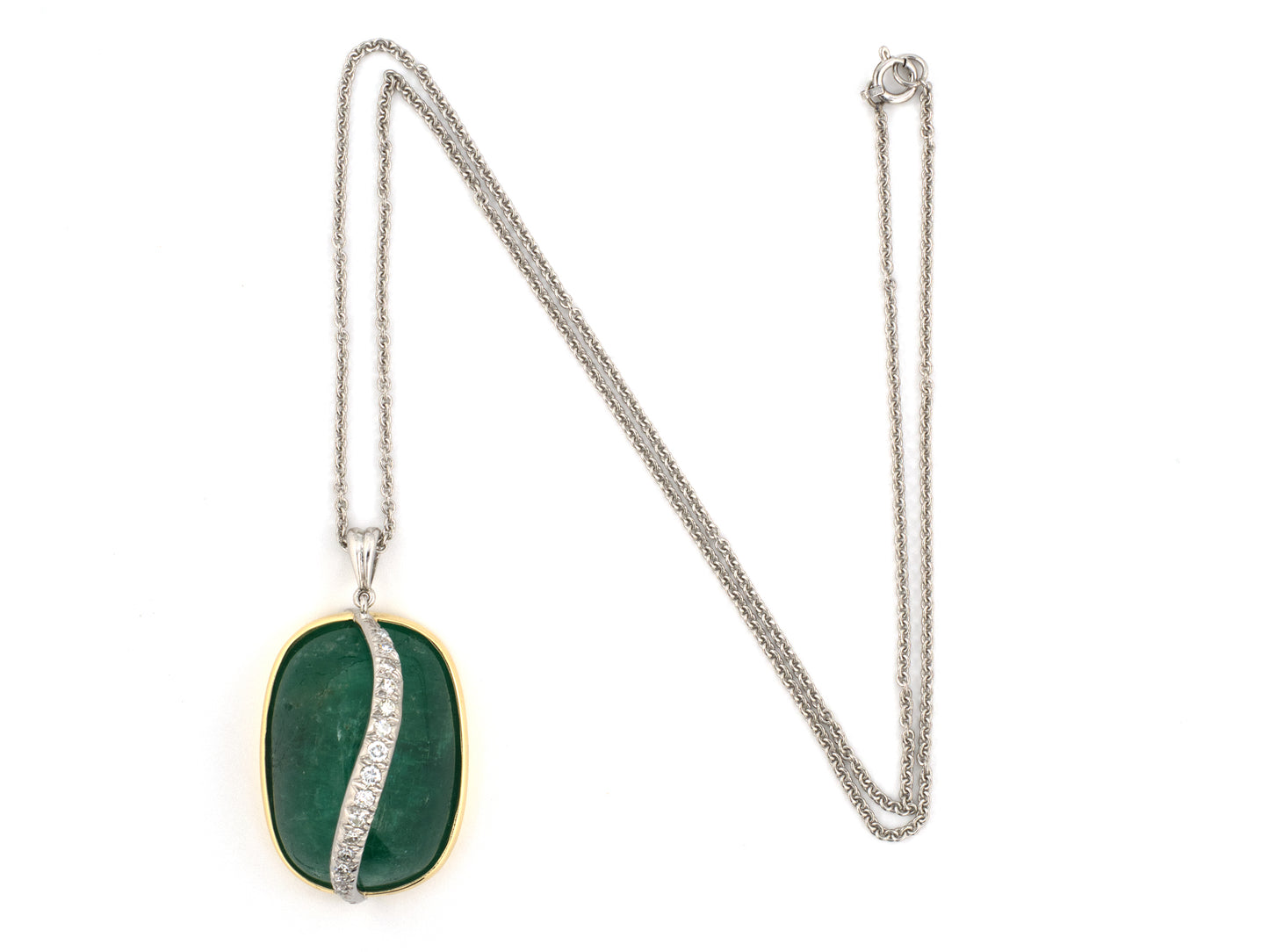 45614 - Platinum Gold Diamond Cabochon Emerald Pendant Necklace