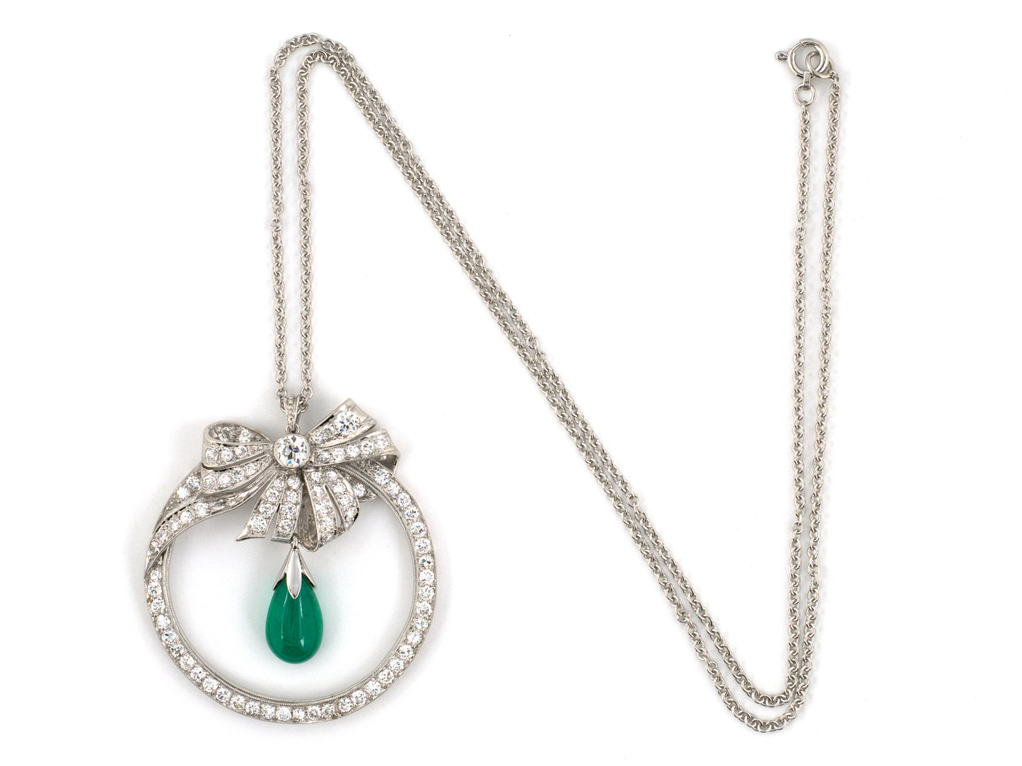 45660 - Art Deco Platinum Diamond Emerald Circle Bow Pendant Necklace